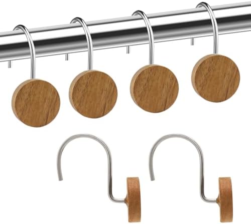 Shower Curtain Hooks, Wood Decorative Shower Curtain Rings, Modern Round Log Shower Curtain Hangers, 12PCS Shower Hooks for Shower Curtain Rod, Bedroom, Living Room (Silvery)