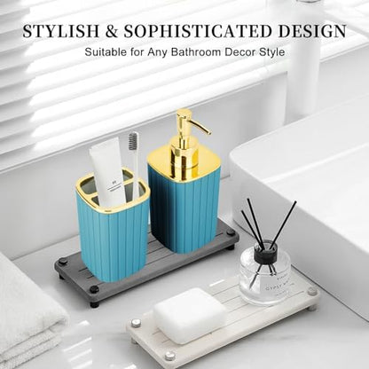 RRM Bathroom Soap Dispenser and Toothbrush Holder Set, Teal Blue