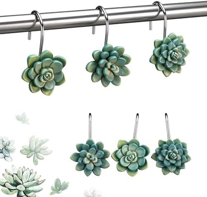 Amyhill 12 Pcs Succulents Plants Decorative Cute Shower Curtain Hooks Mini Succulents Green Shower Curtain Rings Bulk Hanger Stainless Steel Resin Plant Theme Hooks for Bathroom Bedroom Home Decor