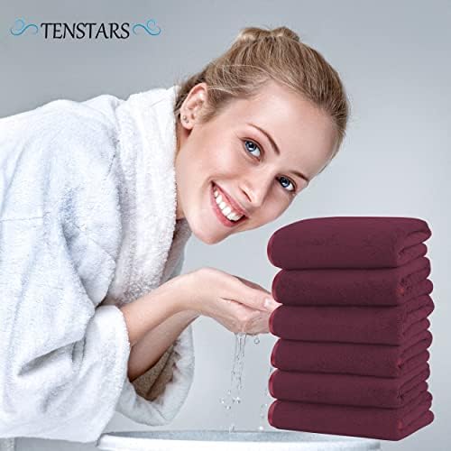 TENSTARS Silk Hemming Hand Towels for Bathroom - Quick Drying - Ultra Soft Microfiber Absorbent Towel for Bath Fitness, Gym, Shower, Hotel, and Spa - 16x28 Inch | Set of 6, Burgundy