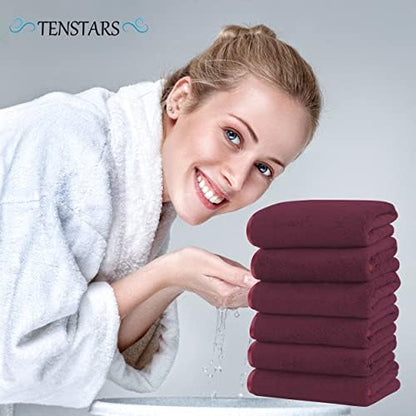 TENSTARS Silk Hemming Hand Towels for Bathroom - Quick Drying - Ultra Soft Microfiber Absorbent Towel for Bath Fitness, Gym, Shower, Hotel, and Spa - 16x28 Inch | Set of 6, Burgundy