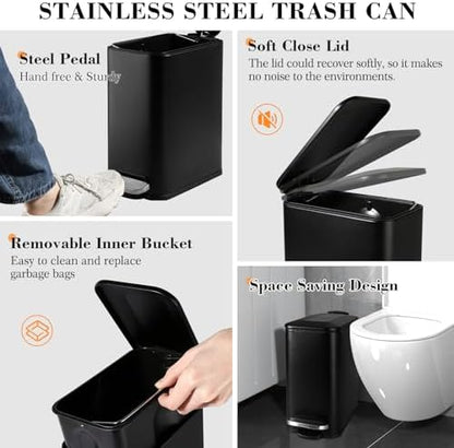 Black Bathroom Accessories Set, 7 Pcs Matte Black Bathroom Accessory Set with Trash Can, Soap Dispenser, Toothbrush Holder, Soap Dish, Vanity Tray, Qtip Holder, Modern Bathroom Sets Complete Decor