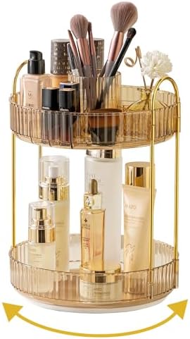 Asayuee 360 Rotating Makeup Organizer,2 Tier Large Capacity Make Up Organizers and Storage,Skincare Perfume Vanity Organizers,Bathroom Cosmetics Storage Organizer Countertop(Gold)