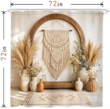 SVBright 4PCs Boho Bathroom Sets Bohemian Shower Curtain Set 72Wx72H Vases and Pampas Grass Bathroom Rug Quick Dry Bath Rug Mat Toilet Mat U-Shape Cover Nonslip Washroom Decor Shower Accessories