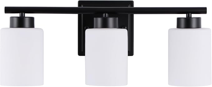 3 Light Bathroom Light Fixtures, 19.2 Inches Vanity Lights for Mirror, Black Vanity Lighting Fixtures with Milky White Glass Shades
