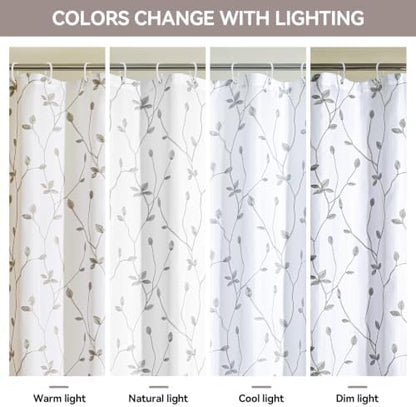 Embroidered Leaf Farmhouse Shower Curtain,Faux Linen,72Wx72L,White Grey