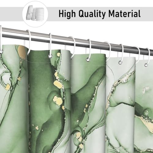 Olive Green Marble Shower Curtain Modern Abstract Luxury Gold Ink Texture Ombre Watercolor Bathroom Curtain Set with Hooks Soft and Lightweight Waterproof Fabric Machine Washable 72" Wx72 L