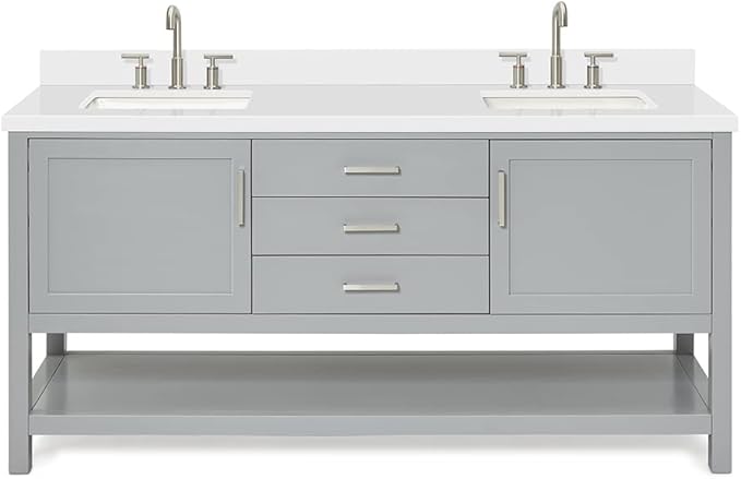 ARIEL Bayhill 72-inch Bathroom Vanity with Sink,Solid Wood, 1.5-inch Pure White Quartz Countertop & Backsplash, Double Rectangular Porcelain Sink, 2 Soft Closing Doors, 3 Dovetail Drawers, Grey