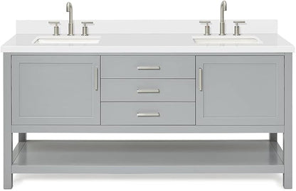 ARIEL Bayhill 72-inch Bathroom Vanity with Sink,Solid Wood, 1.5-inch Pure White Quartz Countertop & Backsplash, Double Rectangular Porcelain Sink, 2 Soft Closing Doors, 3 Dovetail Drawers, Grey