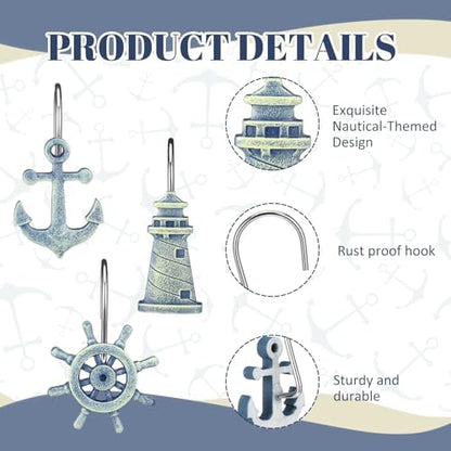 Amyhill 12 Pcs Nautical Shower Curtain Hooks Decorative Shower Curtain Rings Stainless Steel Resin Sea Theme Bathroom Decor Suitable for Home Bedroom