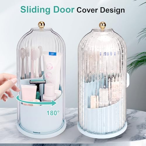 QIYVLOS Toothbrush Holders with Sliding Lid, Rotating 3 Slots Bathroom Organizer Countertop, Tooth Brush Toothpaste Holder Bathroom Counter Stand Sink Organizer Caddy for Makeup Brushes Holder (Blue)