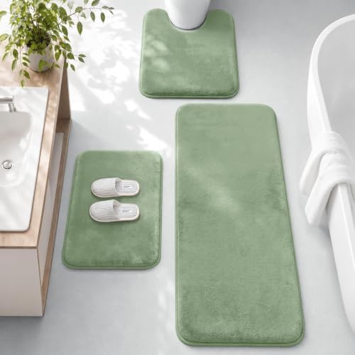 HUXMEYSON 3-Piece Memory Foam Bathroom Rug Set, Grey Green
