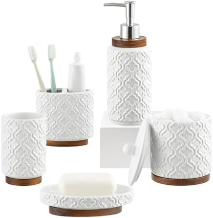 RQYIXI Ceramic Bathroom Accessories Set,White,5 Piece,Embossed Design