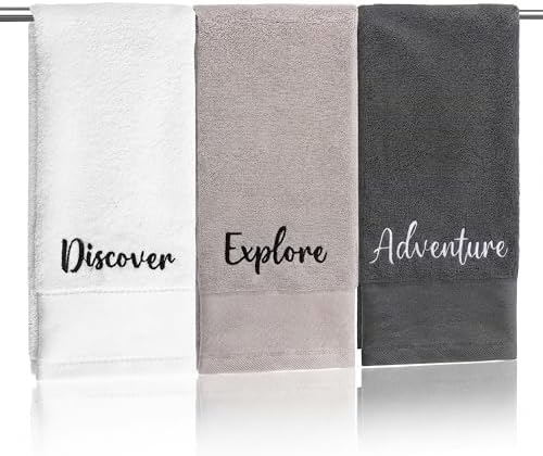 Tiamon 3 Pcs Bathroom Towel Decorative Set 100% Cotton Fluffy Bath Hand Towels for Guest Gifts Farmhouse Kitchen Hand Towels Home(Black, White, Gray,30 x 13 Inch,Discover, Explore, Adventure)