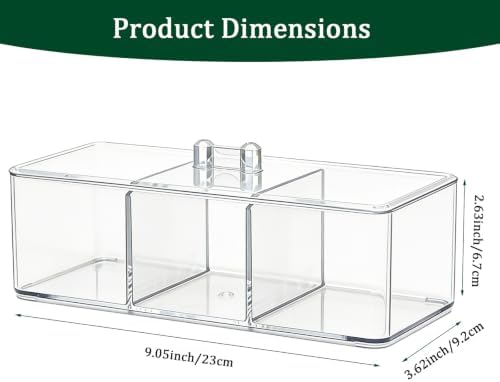Clear Bathroom Organizer with Lid, 3 Compartment Cotton Swab Holder