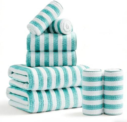 8 Pcs Turquoise Cabana Stripe Large Bath Towel Set-2 Bathroom Towels,2 Hand Towels,4 Washcloths Lightweight Soft Microfiber Bath Sheet Absorbent Shower Towel Quick Dry Beach Chair Spa Gym Hotel Towels