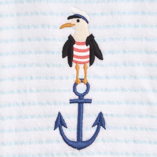 Ritz 2-Piece Cotton Velour Bathroom Hand Towel Set, Embroidered Anchor Seagull, Blue Pinstripe Coastal Towels for Lake House, Beach, Nautical Decor, 16” x 26”