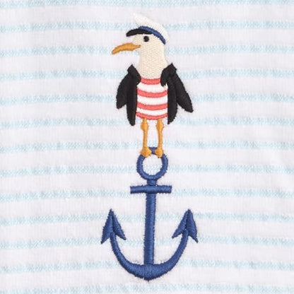 Ritz 2-Piece Cotton Velour Bathroom Hand Towel Set, Embroidered Anchor Seagull, Blue Pinstripe Coastal Towels for Lake House, Beach, Nautical Decor, 16” x 26”