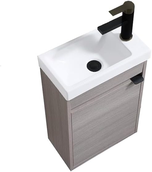 16 Inch Bathroom Vanity with Sink Combo, Wall Mounted Cabinet Set with 1 Door and White Ceramic Basin Sink Top, Forest Oak Floating Bathroom Vanity for Small Space