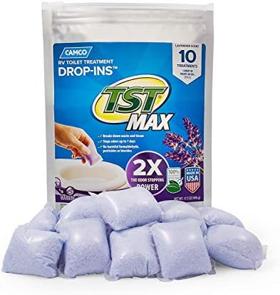 Camco TST MAX RV Toilet Treatment Drop-INs - Control Unwanted Odors and Break Down Waste and Tissue - Septic Tank Safe - Lavender Scent - 10-pack (41556)