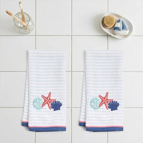 Ritz 2-Piece Cotton Velour Bathroom Hand Towel Set, Embroidered Seashell Trio Design, Light Blue Pinstripe Towels for Beach House, Lake Home, or Spa Decor, 16” x 26”