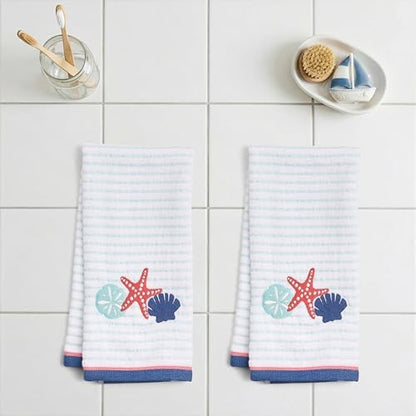Ritz 2-Piece Cotton Velour Bathroom Hand Towel Set, Embroidered Seashell Trio Design, Light Blue Pinstripe Towels for Beach House, Lake Home, or Spa Decor, 16” x 26”