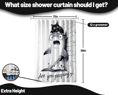Extra Tall Shower Curtain XL Fun Black Cat Riding Shark, 70 x 96 in