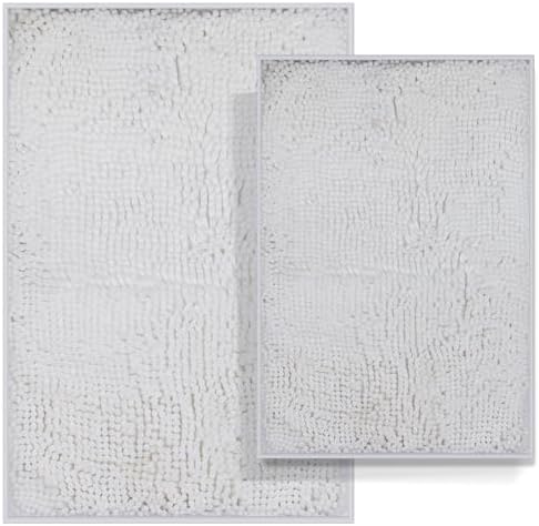 RUN HELIX Chenille Bathroom Mats - Non-Slip Shag Bath Rugs, Washable Soft Shower Mats, Durable Thick Water Absorbent Microfiber Bathroom Set, White