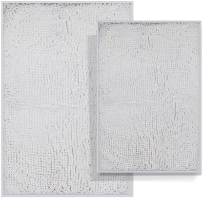 RUN HELIX Chenille Bathroom Mats - Non-Slip Shag Bath Rugs, Washable Soft Shower Mats, Durable Thick Water Absorbent Microfiber Bathroom Set, White