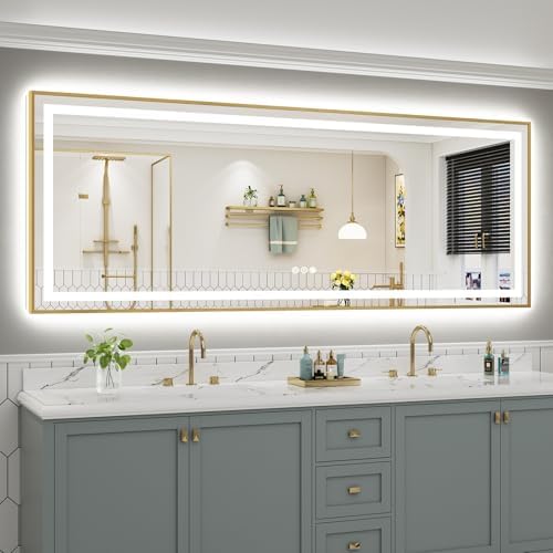 96X36 Inch LED Bathroom Mirror with Gold Frame, Backlit & Front Lit