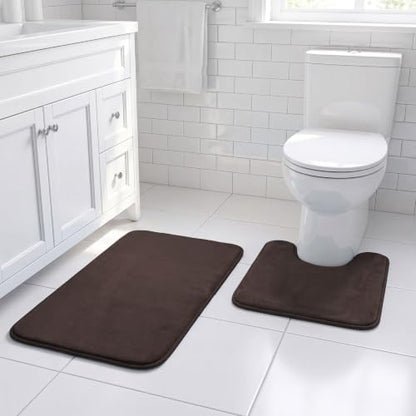 H.VERSAILTEX Bath Mat Memory Foam Set Bathroom Rug Set Flannel Velvety Bath Mat Luxury Extra Soft and Absorbent Non Slip Rugs for Bathroom/Bedroom Washable(Curved Set 20"x 32" Plus 20"x 20"U, Brown)