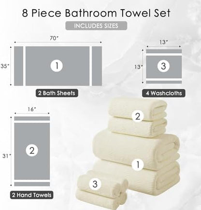 8 Piece Bath Towel Set |2 Oversized Large Bath Sheet,2 Hand Towels,4 Washcloths| Ultra Soft Cozy Bath Towel Set for Bathroom Hotel Gym Spa,Highly Absorbent Quick Dry Bathroom Towel Collections,Cream