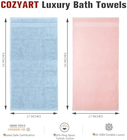 COZYART Luxury Bath Towels 4 PCS, 650 GSM Turkish Cotton, Pink+Light Blue