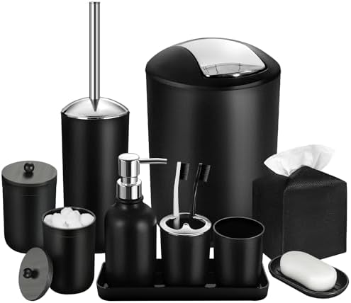 Black Bathroom Accessories Set, 10Pcs Bathroom Accessory Set with Trash Can, Soap Dispenser and Toothbrush Holder, Soap Dish, Cotton Ball & Qtip Holder, Toilet Brush Holder, Tissue Box Cover