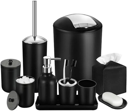 Black Bathroom Accessories Set, 10Pcs Bathroom Accessory Set with Trash Can, Soap Dispenser and Toothbrush Holder, Soap Dish, Cotton Ball & Qtip Holder, Toilet Brush Holder, Tissue Box Cover
