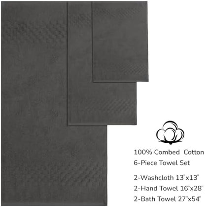 Feather & Stitch 100% Cotton 625 GSM Bath Towel Set of 6, Ultra Soft Highly Absorbent 2 Bath Towels, 2 Hand Towels & 2 Washcloth - Luxury Quick Dry Shower Towels (Dark Grey)