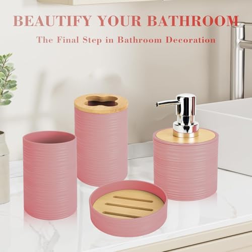 4PCS Light Pink Bathroom Set, Soap Dispenser, Dish & Bamboo Holder, Rustic