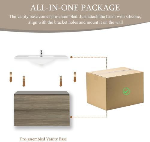 KEIKI 36'' Wall-Mounted Bathroom Vanity with Sink - Floating Design, 2 Soft-Close Drawers & Resin Basin, Space-Saving for Small Bathrooms, Ash Grey