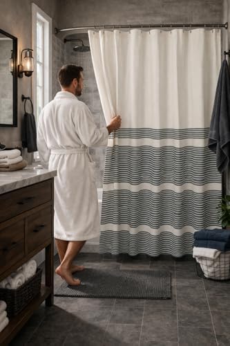 Serafina Home Nautical Striped Navy Denim Blue & White Shower Curtain