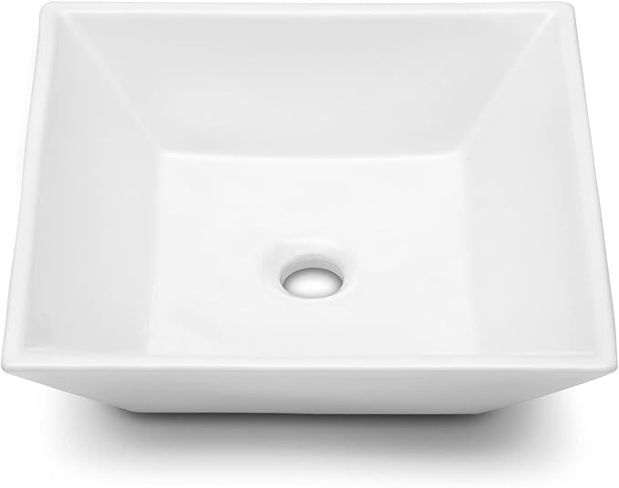 White Bathroom Vessel Sink Ceramic Vanity Art Basin Above Counter | 16''x16'' Small Square Bathroom Sink Porcelain Vessel Vanity Sink