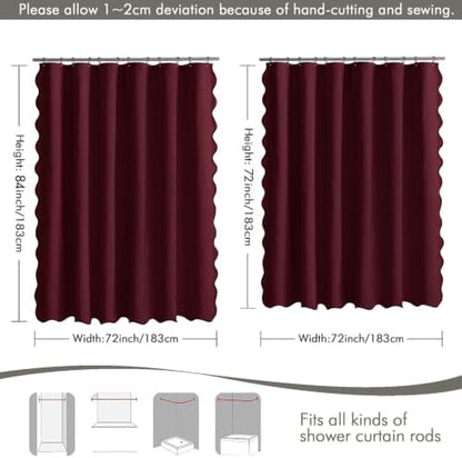 MIULEE Burgundy Scalloped Linen Shower Curtain 72x72 Inches