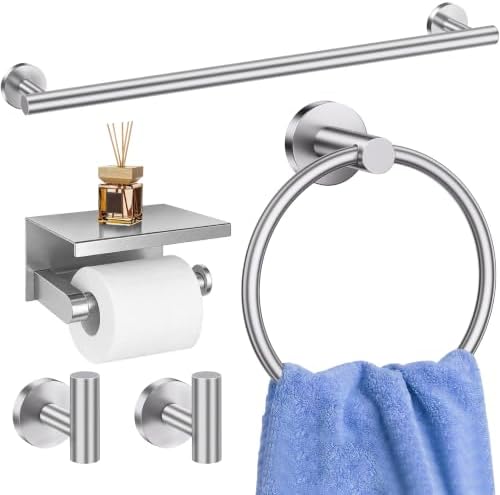 5 Pieces Bathroom Hardware Accessories Set Brushed Nickel, 24Inch Round Towel Racks Set for Bathroom, SUS304 Stainless Steel Towel Bar Set,Toilet Paper Holder with Shelf Wall Mounted