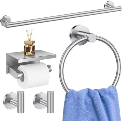 5 Pieces Bathroom Hardware Accessories Set Brushed Nickel, 24Inch Round Towel Racks Set for Bathroom, SUS304 Stainless Steel Towel Bar Set,Toilet Paper Holder with Shelf Wall Mounted