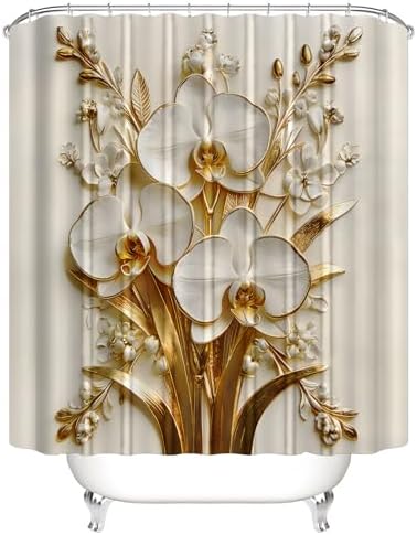 Chrainy 4pcs Golden Floral Shower Cutain Bathroom Decor Sets with Rugs