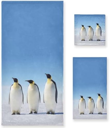 Naanle 3D Ice Surface Penguin Soft Set of 3 Towels, 1 Bath Towel+1 Hand Towel+1 Washcloth, Decorative for Bathroom, Hotel, Gym, Spa and Beach