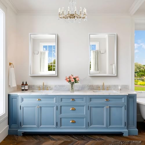 24 x 36 inch Brushed Silver Bathroom Mirror, Metal Framed Rectangle Mirror, 0.6" Thickened Deep Frame Mirrors for Living Room Bedroom Entryway, Tempered Glass, Antirust, Horizontal or Vertical