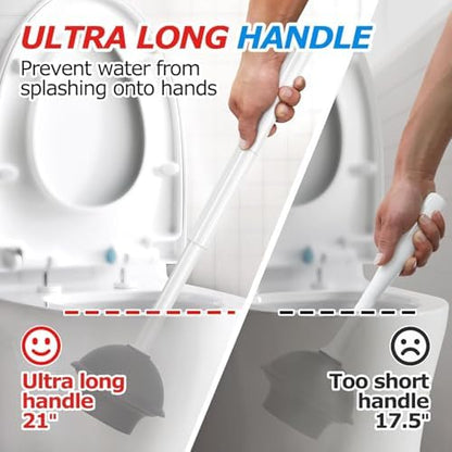 FORASTO 2Pack 2 in 1 Toilet Brush and Plunger Set,Clean Gloves, Extended Handle Plunger，Toilet Bowl Brush Plunger Set,Bathroom Cleaning Tools,Toilet Brush Plunger Combo,Cleaning Brush(Cream White)