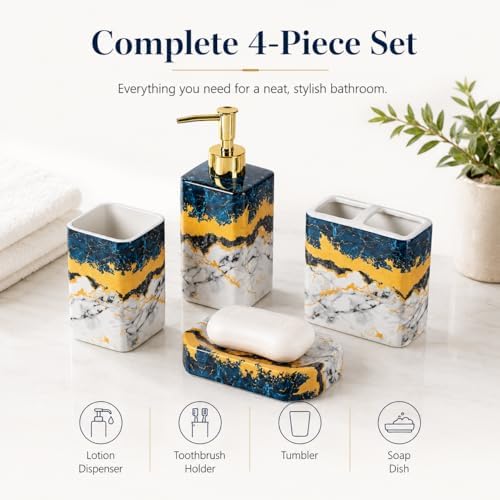 4 Piece Bathroom Accessories Set - Blue Bathroom Accessory Sets Includes Lotion Dispenser, Toothbrush Holder Tumbler, and Soap Dish - Glossy Finish (Marble, Blue)