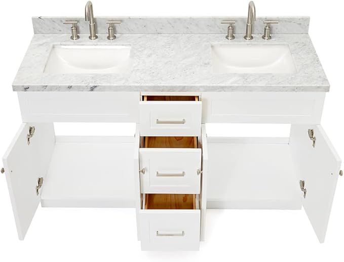 ARIEL Hamlet 60-inch Bathroom Vanity with Sink,Solid Wood, 1.5-inch Italian Carrara Marble Countertop, Double Rectangular Porcelain Sink, 4 Soft Closing Doors, 3 Dovetail Drawers, White