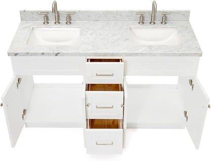 ARIEL Hamlet 60-inch Bathroom Vanity with Sink,Solid Wood, 1.5-inch Italian Carrara Marble Countertop, Double Rectangular Porcelain Sink, 4 Soft Closing Doors, 3 Dovetail Drawers, White